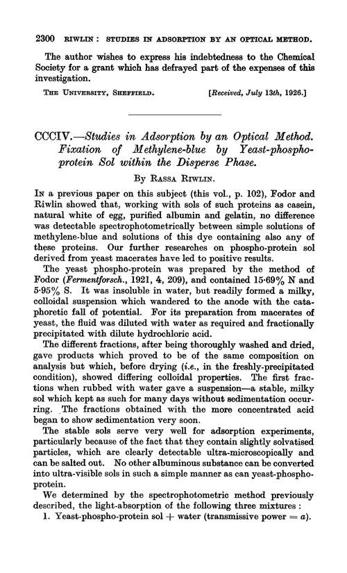 CCCIV.—Studies in adsorption by an optical method. Fixation of methylene-blue by yeast-phosphoprotein sol within the disperse phase