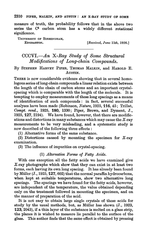 CCCVI.—An X-ray study of some structural modifications of long-chain compounds