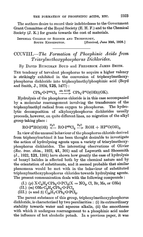 CCCVIII.—The formation of phosphinic acids from triarylmethoxyphosphorus dichlorides