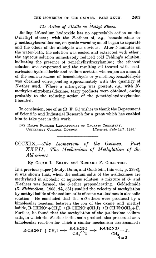 CCCXIX.—The isomerism of the oximes. Part XXVII. The mechanism of methylation of the aldoximes