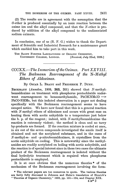 CCCXX.—The isomerism of the oximes. Part XXVIII. The Beckmann rearrangement of the N-methyl ethers of aldoximes