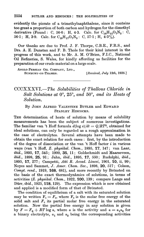 CCCXXXVI.—The solubilities of thallous chloride in salt solutions at 0°, 25°, and 50°, and its heats of solution