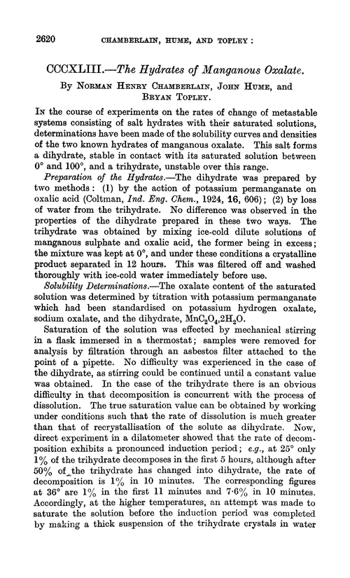 CCCXLIII.—The hydrates of manganous oxalate