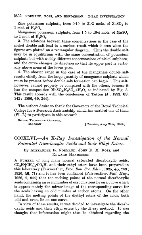 CCCXLVI.—An X-ray investigation of the normal saturated dicarboxylic acids and their ethyl esters