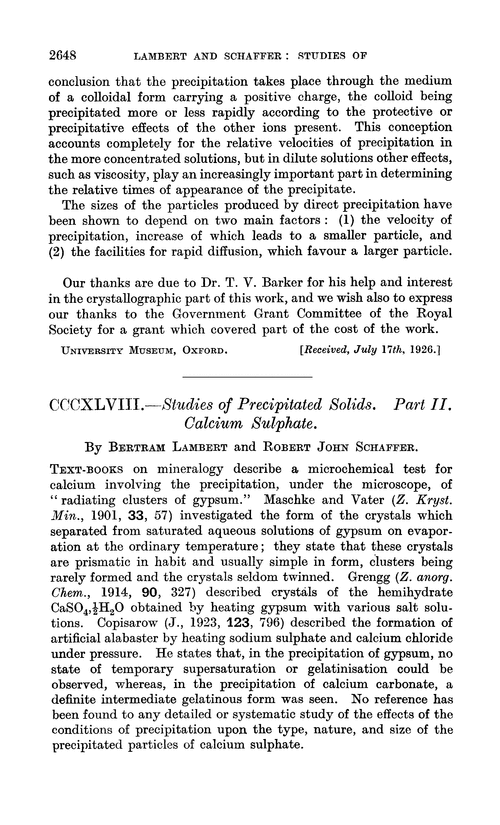 CCCXLVIII.—Studies of precipitated solids. Part II. Calcium sulphate