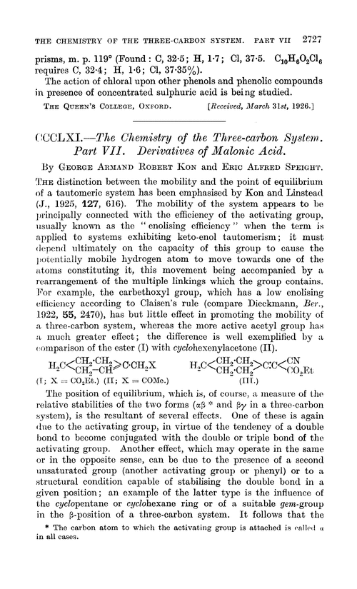 CCCLXI.—The chemistry of the three-carbon system. Part VII. Derivatives of malonic acid