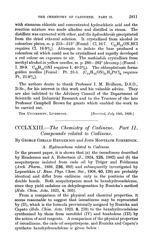 CCCLXXIII.—The chemistry of cadinene. Part II. Compounds related to cadinene