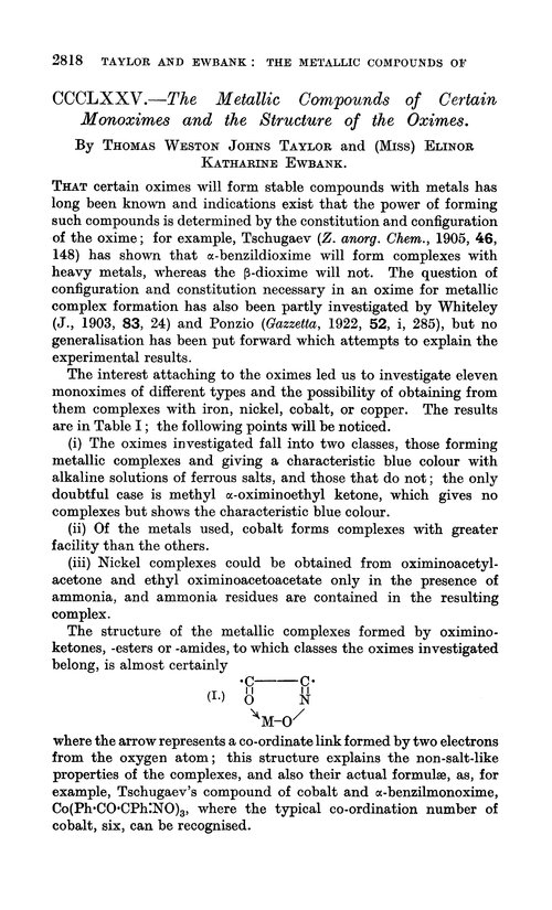 CCCLXXV.—The metallic compounds of certain monoximes and the structure of the oximes