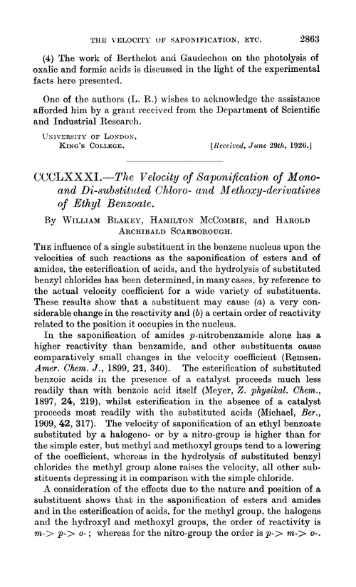 CCCLXXXI.—The velocity of saponification of mono- and di-substituted chloro- and methoxy-derivatives of ethyl benzoate