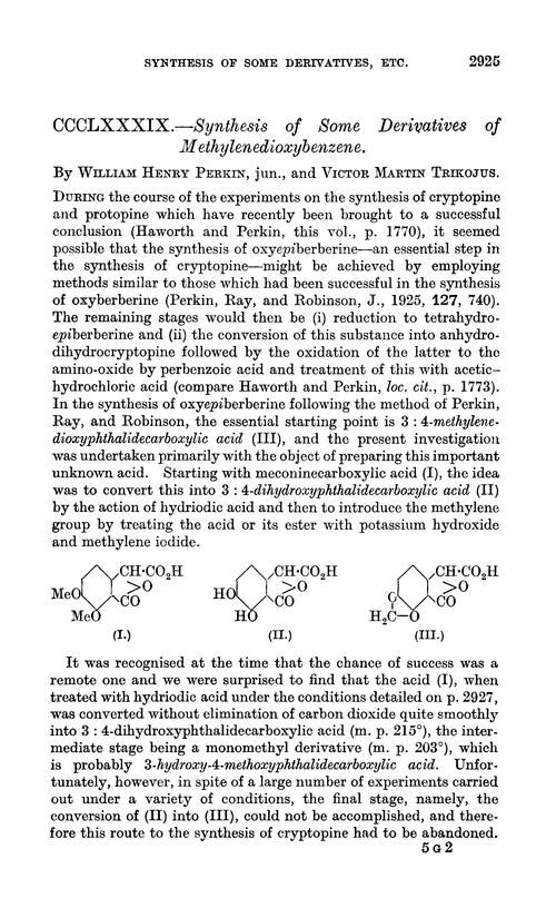 CCCLXXXIX.—Synthesis of some derivatives of methylenedioxybenzene