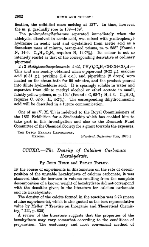 CCCXC.—The density of calcium carbonate hexahydrate