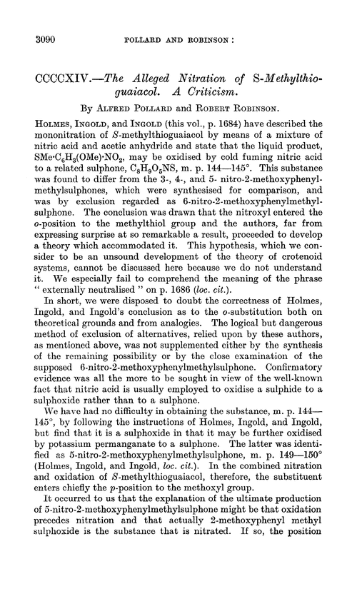 CCCCXIV.—The alleged nitration of S-methylthioguaiacol. A criticism