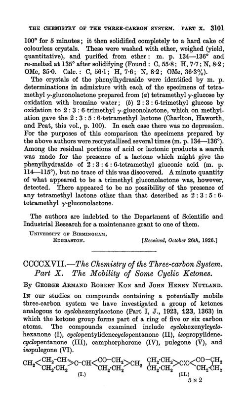 CCCCXVII.—The chemistry of the three-carbon system. Part X. The mobility of some cyclic ketones