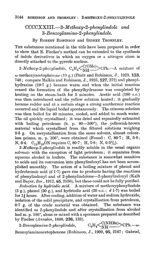 CCCCXXIII.—3-Methoxy-2-phenylindole and 3-benzoylamino-2-phenylindole