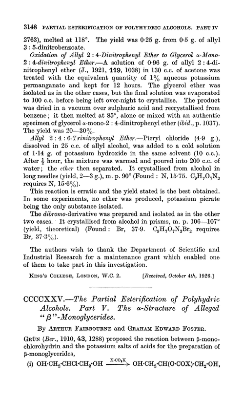 CCCCXXV.—The partial esterification of polyhydric alcohols. Part V. The α-structure of alleged “β”-monoglycerides