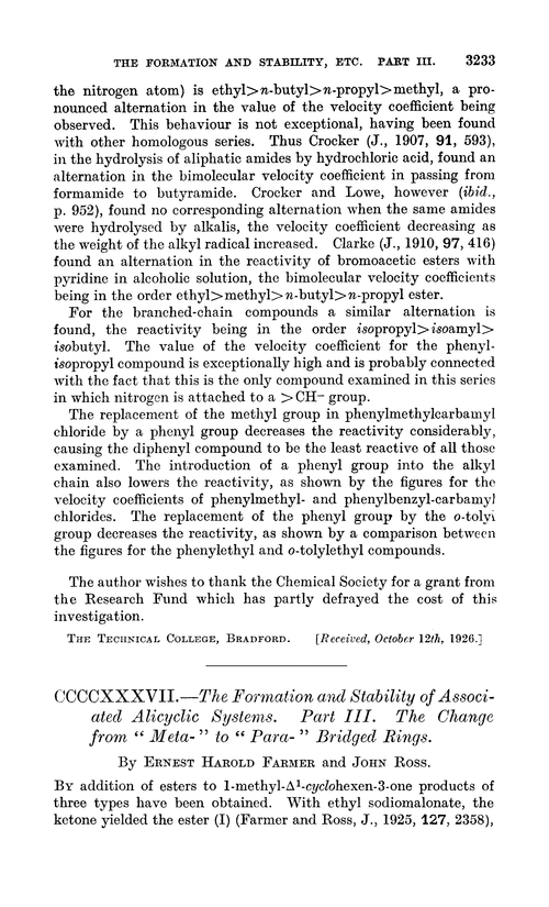CCCCXXXVII.—The formation and stability of associated alicyclic systems. Part III. The change from “meta-” to “para-” bridged rings