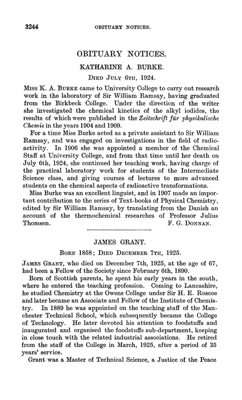 Obituary notices: Katharine A. Burke; James Grant, 1858–1925; William James Lewis, 1847–1926; Shigetake Sugiura, 1855–1924