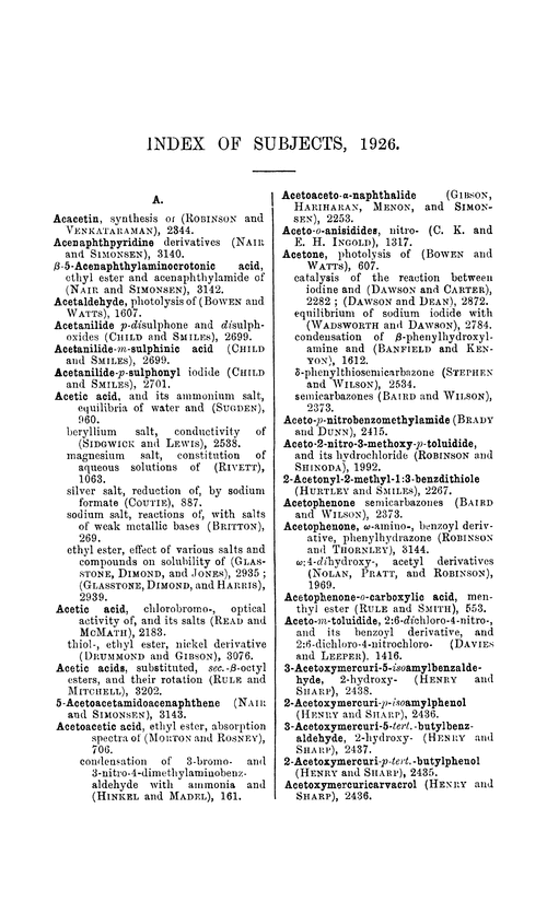 Index of subjects, 1926