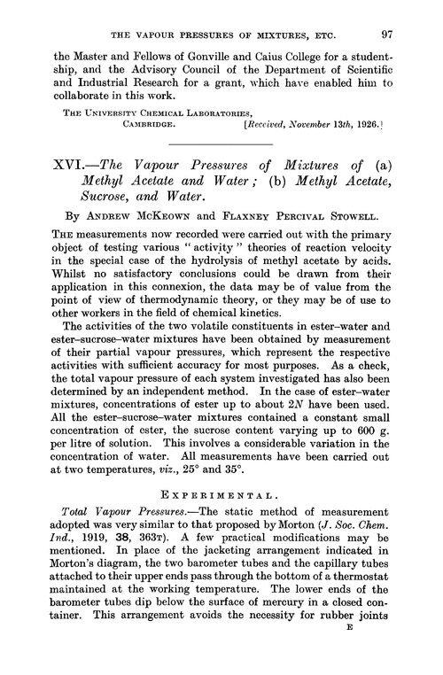 XVI.—The vapour pressures of mixtures of (a) methyl acetate and water; (b) methyl acetate, sucrose, and water