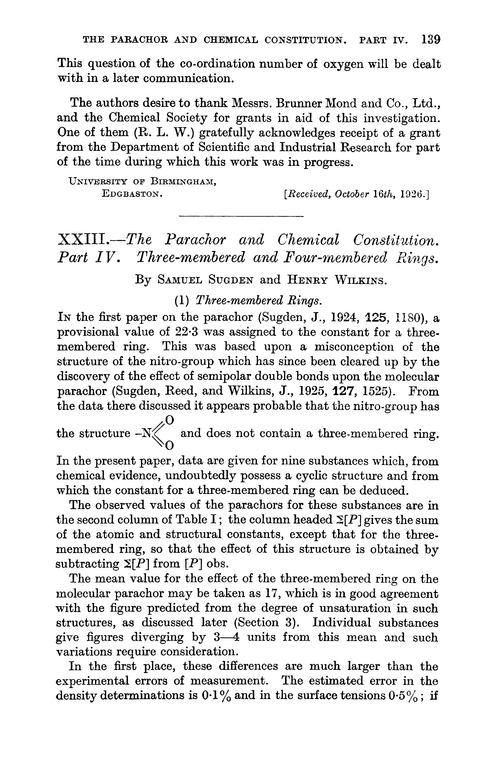 XXIII.—The parachor and chemical constitution. Part IV. Three-membered and four-membered rings