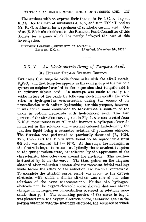 XXIV.—An electrometric study of tungstic acid
