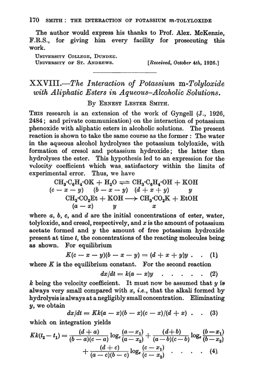 XXVIII.—The interaction of potassium m-tolyloxide with aliphatic esters in aqueous–alcoholic solutions