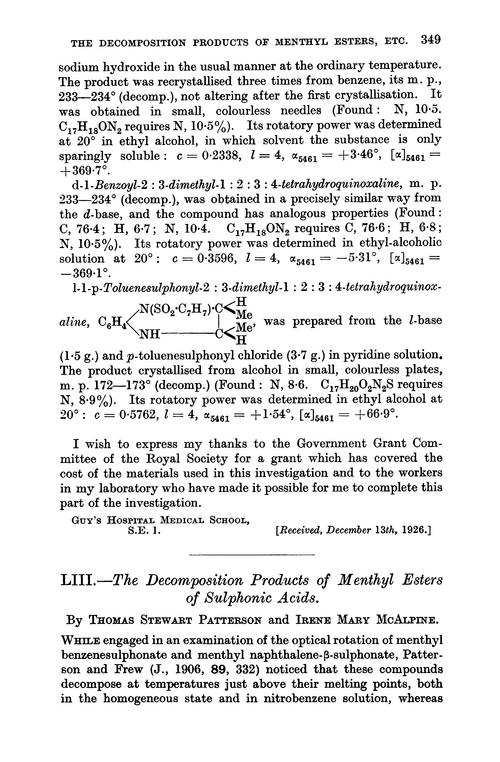 LIII.—The decomposition products of menthyl esters of sulphonic acids