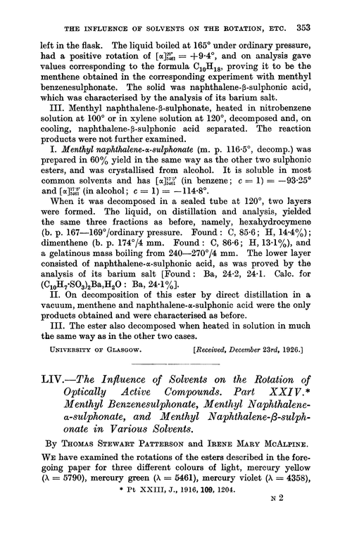 LIV.—The influence of solvents on the rotation of optically active compounds. Part XXIV. Menthyl benzenesulphonate, menthyl naphthalene-α-sulphonate, and menthyl naphthalene-β-sulphonate in various solvents
