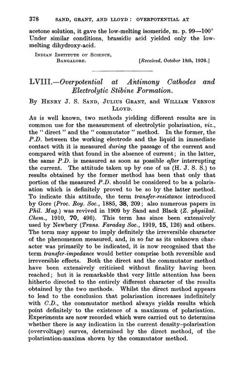 LVIII.—Overpotential at antimony cathodes and electrolytic stibine formation