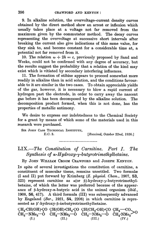 LIX.—The constitution of carnitine. Part I. The synthesis of α-hydroxy-γ-butyrotrimethylbetaine