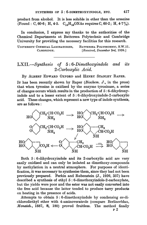 LXII.—Synthesis of 5 : 6-dimethoxyindole and its 2-carboxylic acid