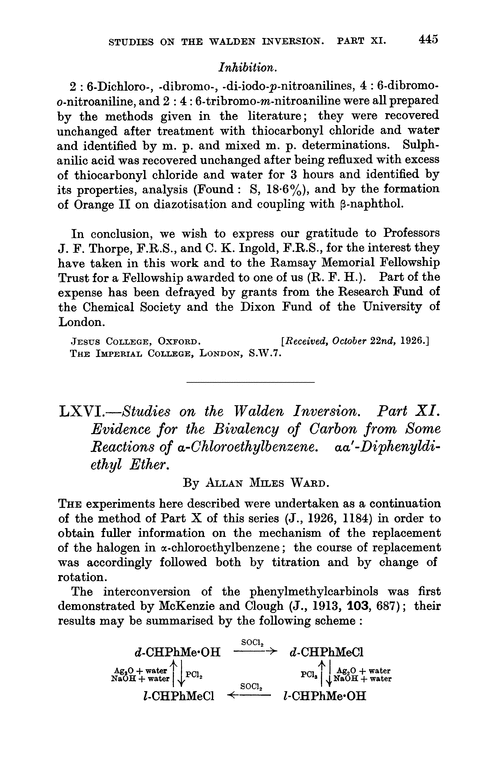 LXVI.—Studies on the Walden inversion. Part XI. Evidence for the bivalency of carbon from some reactions of α-chloroethylbenzene. αα′-Diphenyldiethyl ether