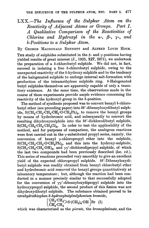 LXX.—The influence of the sulphur atom on the reactivity of adjacent atoms or groups. Part I. A qualitative comparison of the reactivities of chlorine and hydroxyl in the α-, β-, γ-, and δ-positions to a sulphur atom