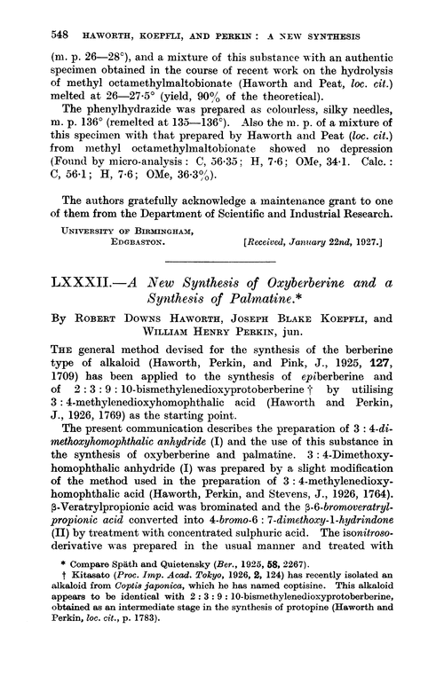 LXXXII.—A new synthesis of oxyberberine and a synthesis of palmatine