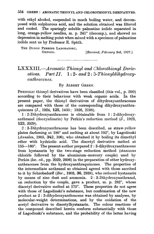 LXXXIII.—Aromatic thionyl and chlorothionyl derivaties. Part II. 1 : 2- and 2 : 3-Thionyldihydroxyanthracenes