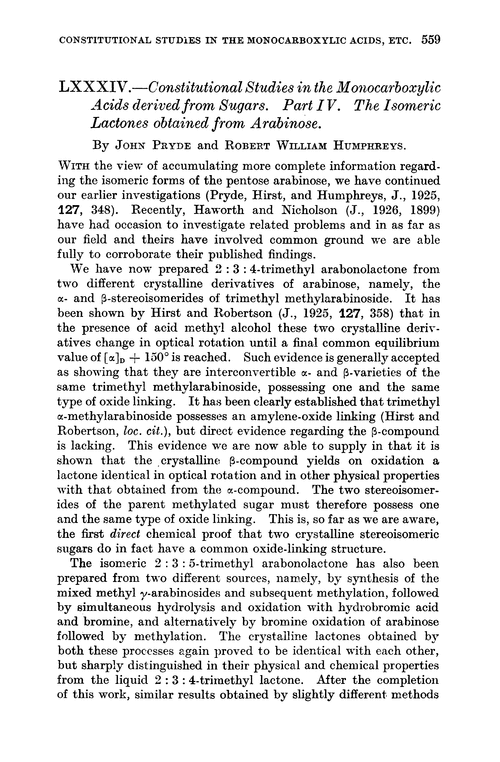 LXXXIV.—Constitutional studies in the monocarboxylic acids derived from sugars. Part IV. The isomeric lactones obtained from arabinose