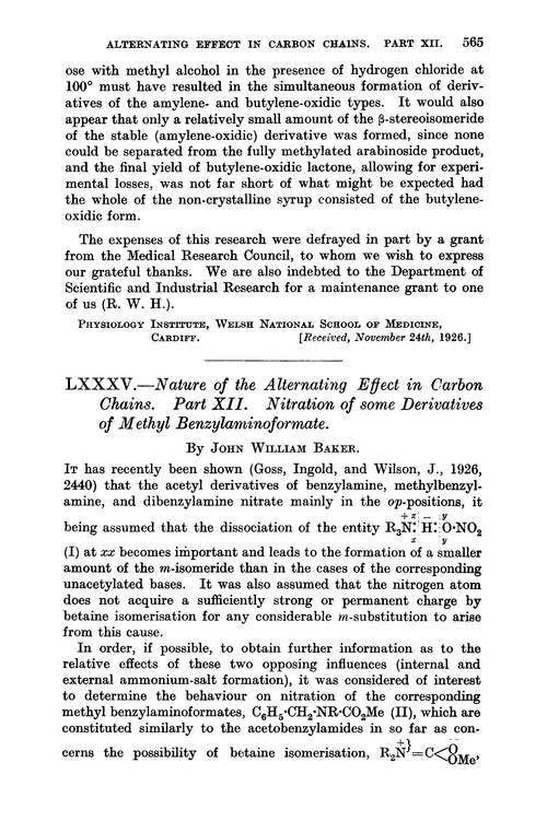 LXXXV.—Nature of the alternating effect in carbon chains. Part XII. Nitration of some derivatives of methyl benzylaminoformate