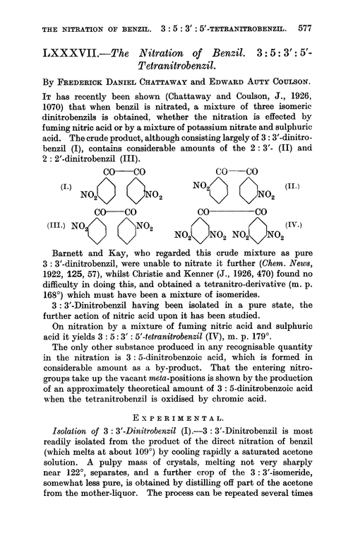 LXXXVII.—The nitration of benzil. 3 : 5 : 3′ : 5′-tetranitrobenzil