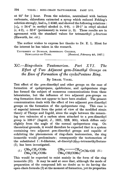 XC.—Ring-chain tautomerism. Part XVI. The effect of two adjacent gem-dimethyl groups on the ease of formation of the cyclopentane ring