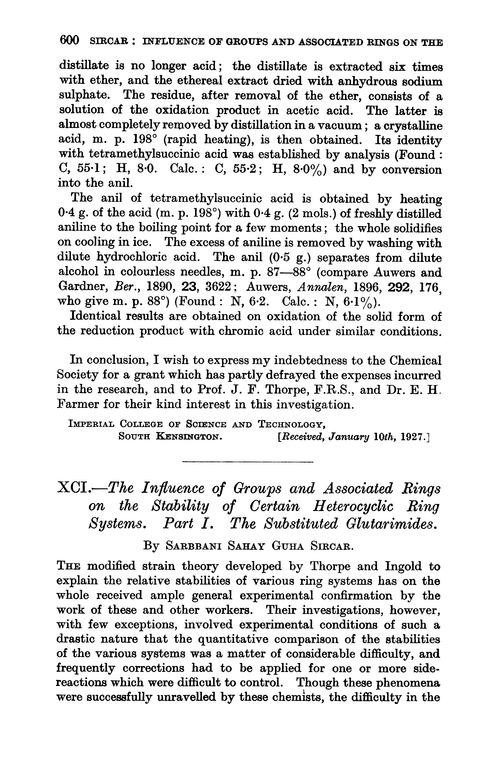 XCI.—The influence of groups and associated rings on the stability of certain heterocyclic ring systems. Part I. The substituted glutarimides