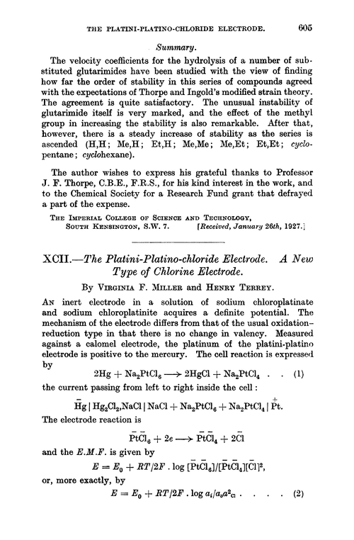 XCII.—The platini-platino-chloride electrode. A new type of chlorine electrode