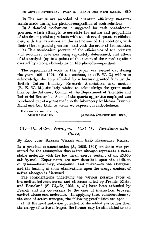 CI.—On active nitrogen. Part II. Reactions with gases
