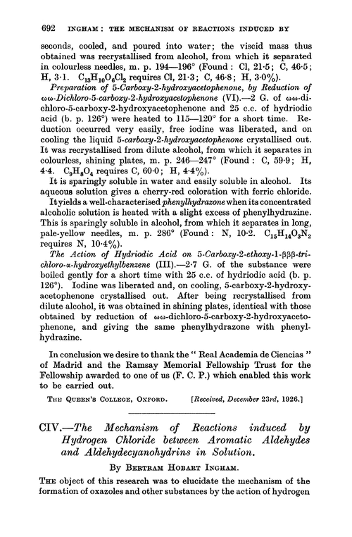 CIV.—The mechanism of reactions induced by hydrogen chloride between aromatic aldehydes and aldehydecyanohydrins in solution