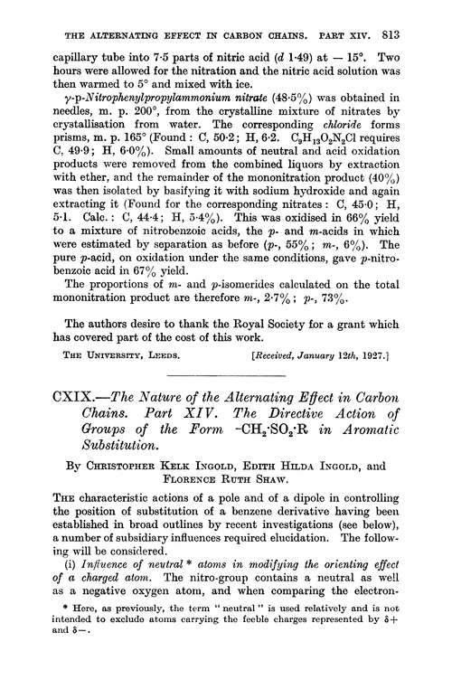 CXIX.—The nature of the alternating effect in carbon chains. Part XIV. The directive action of groups of the form –CH2·SO2·R in aromatic substitution