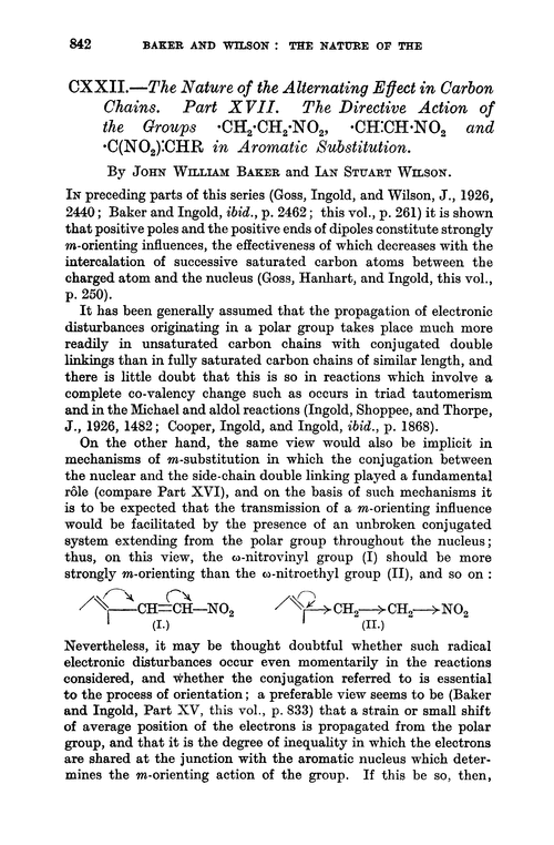 CXXII.—The nature of the alternating effect in carbon chains. Part XVII. The directive action of the groups ·CH2·CH2·NO2, ·CH:CH·NO2 and ·C(NO2):CHR in aromatic substitution