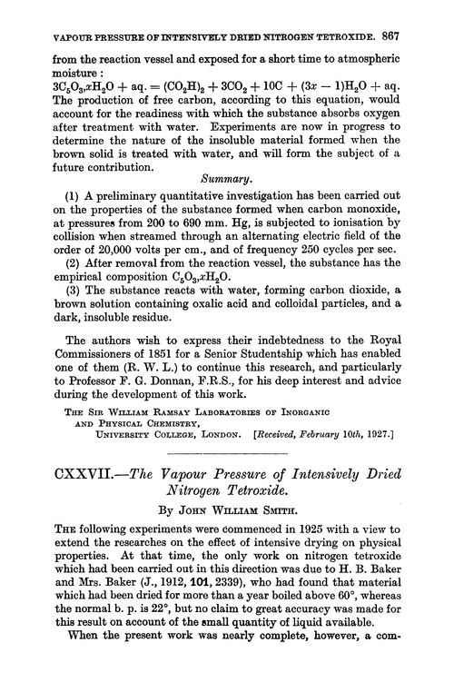 CXXVII.—The vapour pressure of intensively dried nitrogen tetroxide