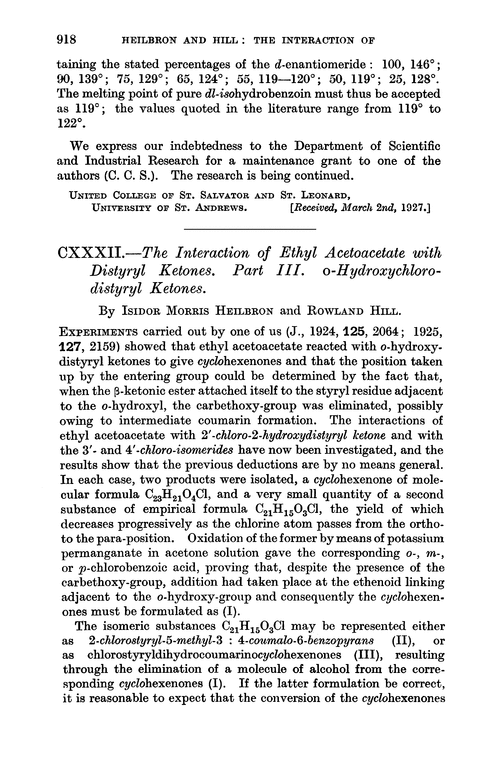 CXXXII.—The interaction of ethyl acetoacetate with distyryl ketones. Part III. o-Hydroxychlorodistyryl ketones