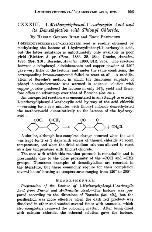 CXXXIII.—1-Methoxydiphenyl-1′-carboxylic acid and its demethylation with thionyl chloride