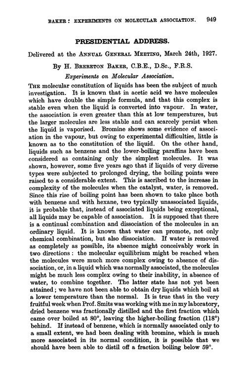 Presidential address. Experiments on molecular association