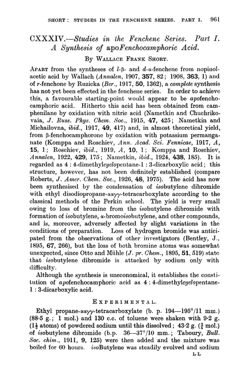CXXXIV.—Studies in the fenchene series. Part I. A synthesis of apofenchocamphoric acid